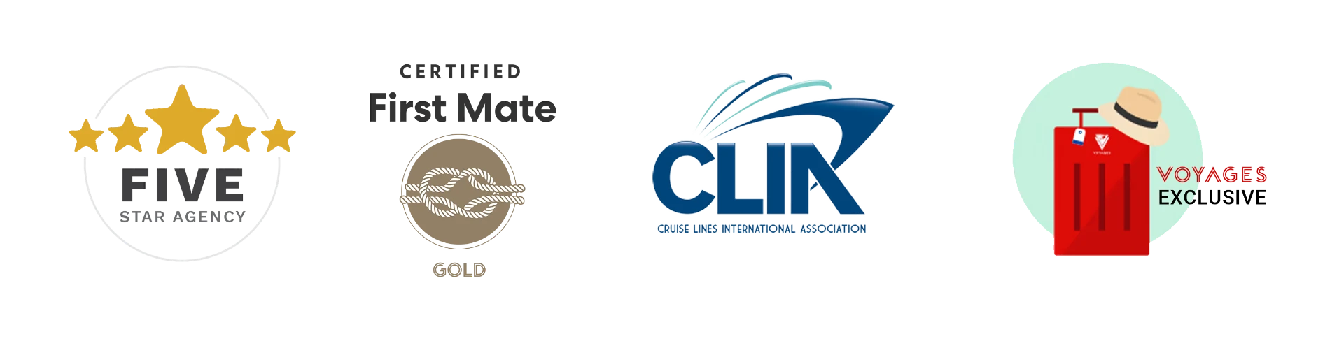 Five Star Agency, Certified First Mate Gold, CLIA member and Voyages Exclusive badges